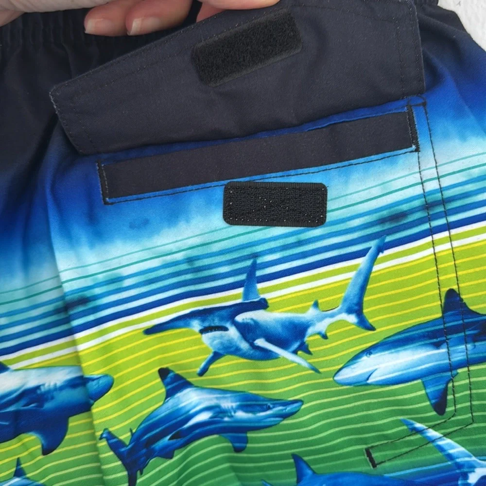 Zero Xposur blue green shark print swim trunks and goggles set size 14/16